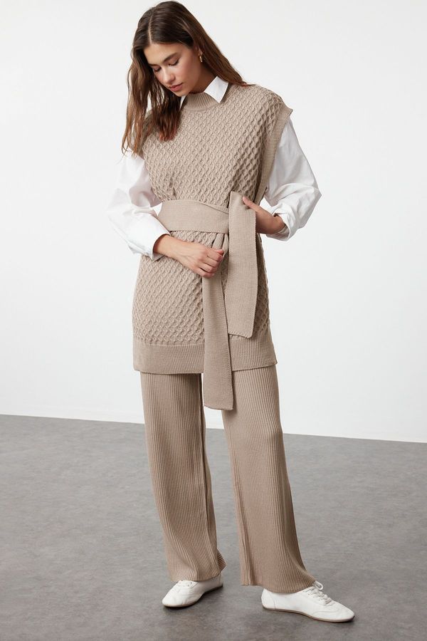 Trendyol Trendyol Mink Belted Rice Knit Sweater-Pants Knitwear Bottom-Top Set