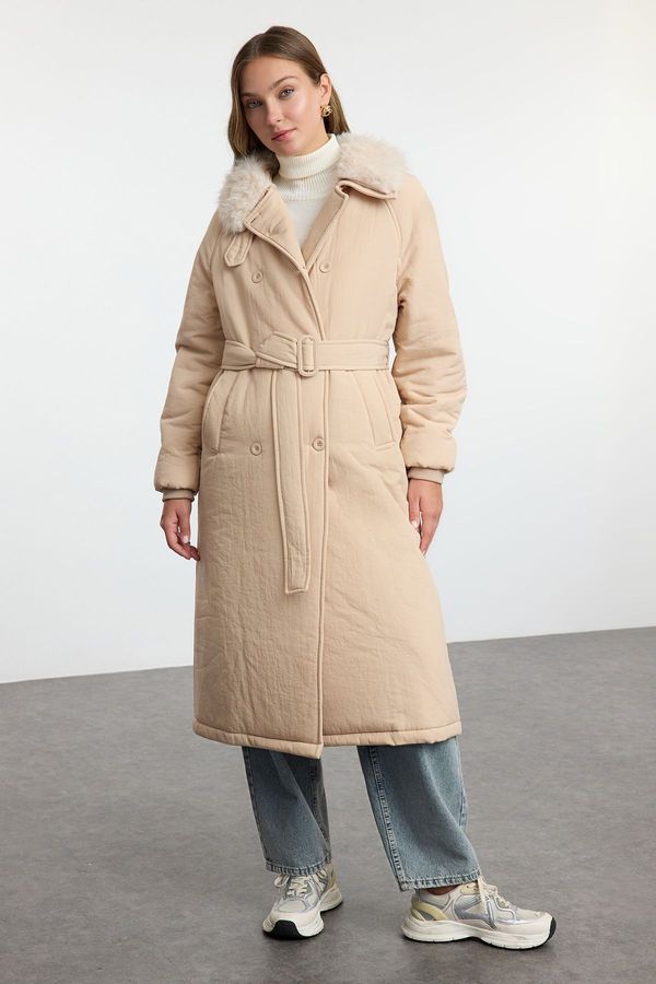 Trendyol Trendyol Mink Collar Plush Detailed Belted Water Repellent Long Parka Puffer Jacket