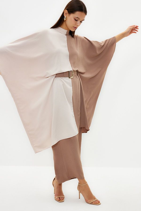 Trendyol Trendyol Mink Color Block Belted Waist Tunic-Pants Woven Suit