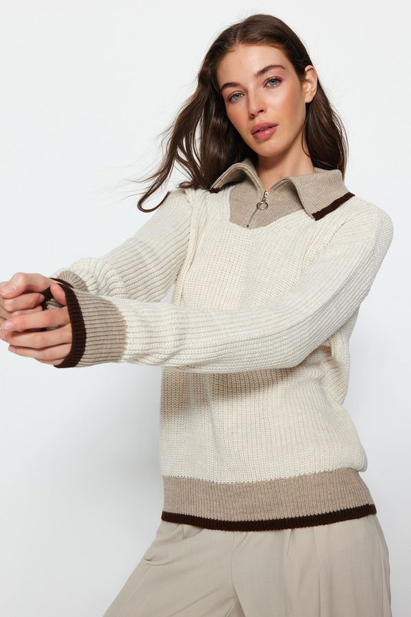Trendyol Trendyol Mink Color Block Hooded Collar Knitwear Sweater