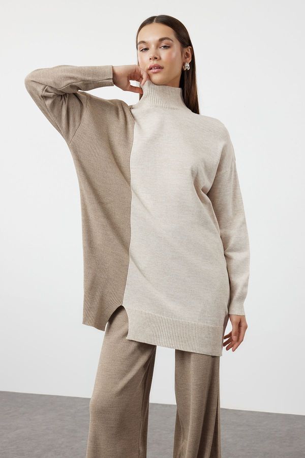 Trendyol Trendyol Mink Color Block Sweater-Pants Knitwear Top-Top Set