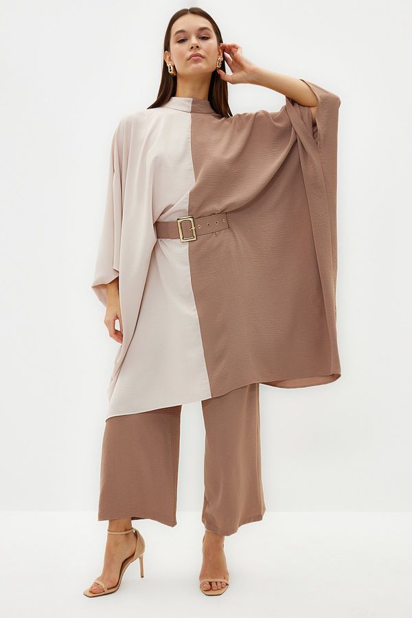 Trendyol Trendyol Mink Color Block Waist Belted Tunic-Pants Woven Suit