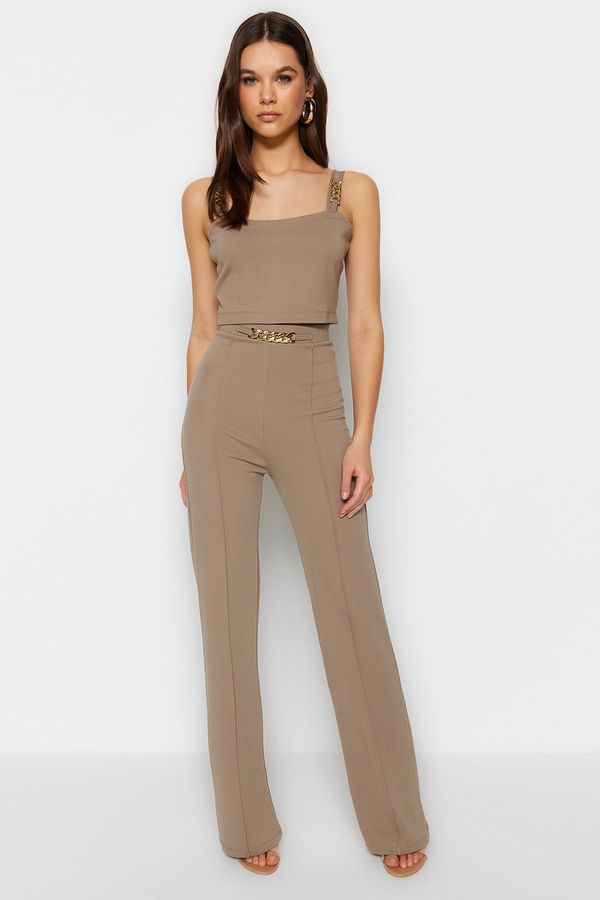Trendyol Trendyol Mink Gold Chain Detail Ribbed Wide Leg/Comfort Cut High Waist Knitted Trousers