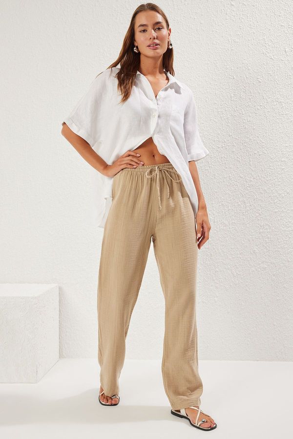 Trendyol Trendyol Mink Muslin Elastic Waist High Waist Wide Leg Woven Trousers