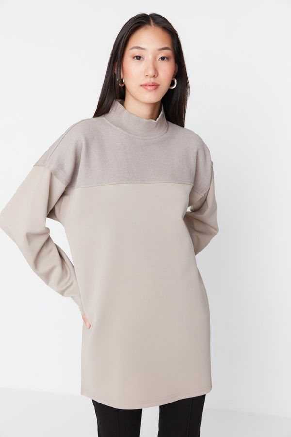 Trendyol Trendyol Mink Oversize Knitted Color Block Sweatshirt Tunic