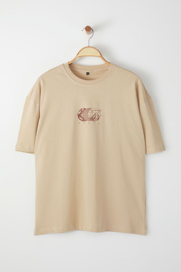 Trendyol Trendyol Mink Oversize/Wide Cut Printed 100% Cotton T-Shirt