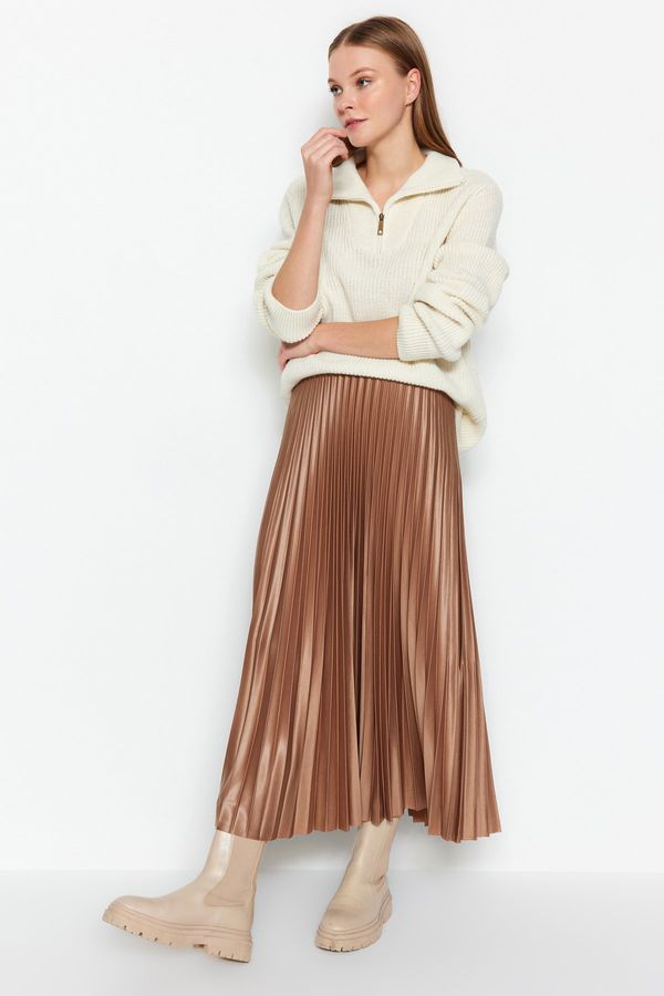 Trendyol Trendyol Mink Pleated Maxi Stretchy Knitted Skirt