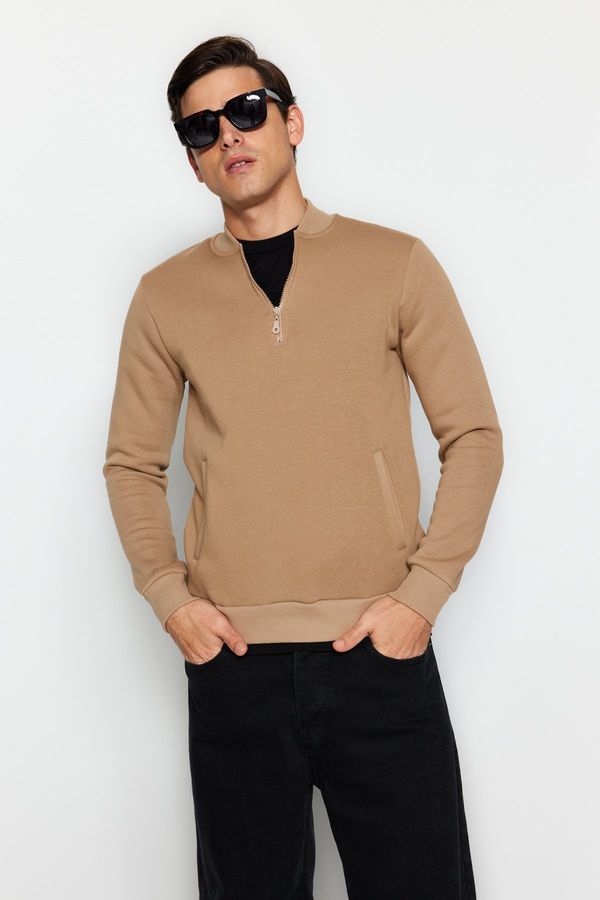 Trendyol Trendyol Mink Regular/Regular Fit Zippered Bomber Collar Inner Fleece Pocket Sweatshirt