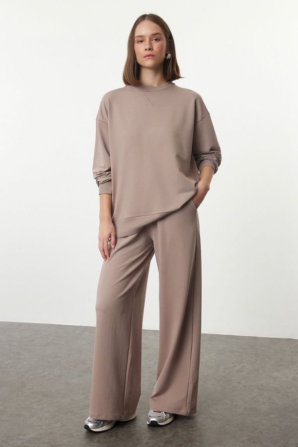 Trendyol Trendyol Mink Relaxed/Comfortable Fit Wide Leg/Wide Leg Knitted Sweatshirt/Bottom Tracksuit Set