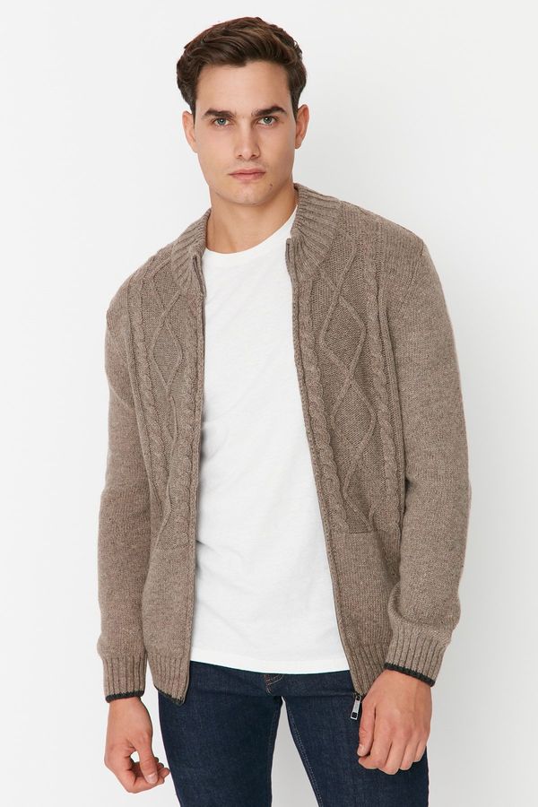 Trendyol Trendyol Mink Slim Fit Wool Knit Detailed Zippered Pocket Knitwear Cardigan