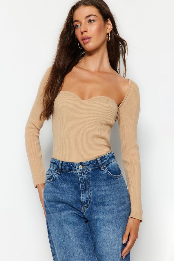 Trendyol Trendyol Mink Sweetheart Collar Detailed Knitwear Sweater