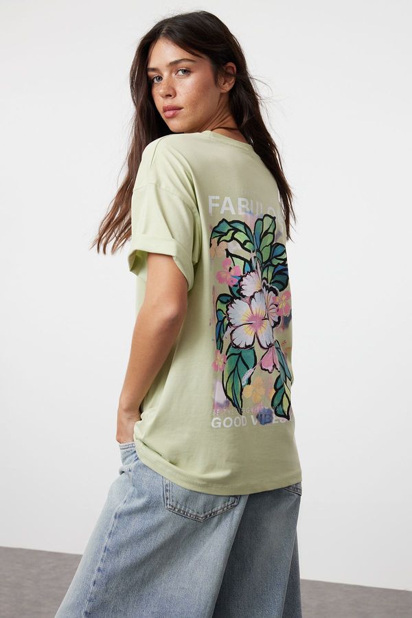 Trendyol Trendyol Mint 100% Cotton Back and Front Printed Oversize/Wide Cut Knitted T-Shirt