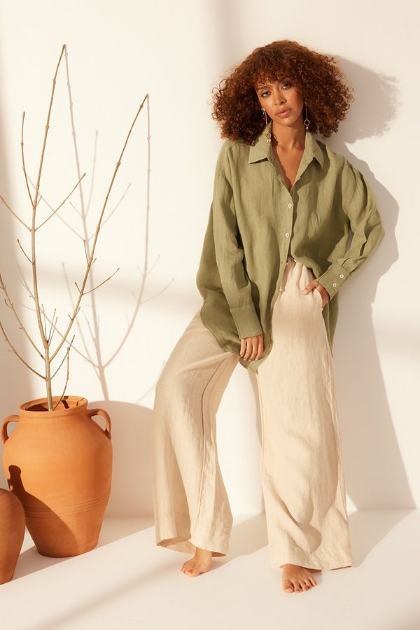 Trendyol Trendyol Mint 100% Linen Oversize Shirt with Accessory Detail