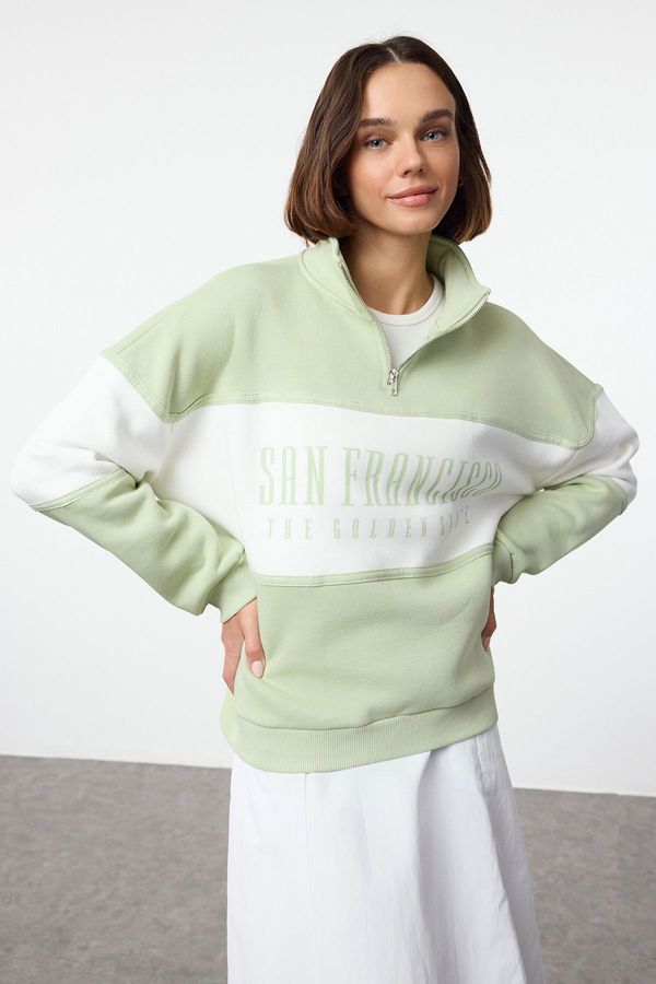 Trendyol Trendyol Mint Basic Printed Thick Inside Fleece Knitted Sweatshirt