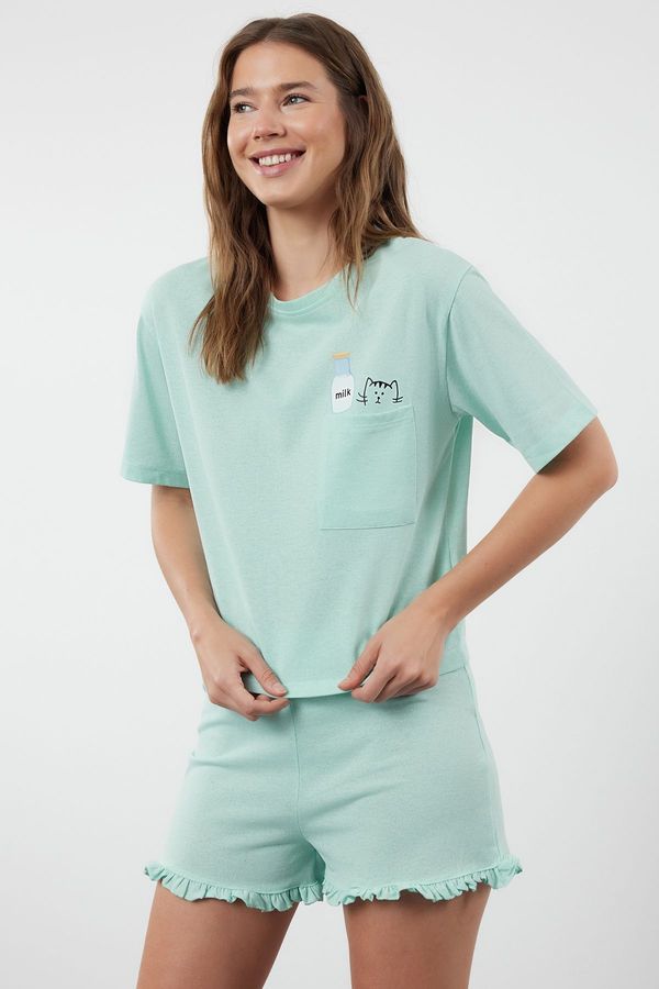 Trendyol Trendyol Mint Cotton Printed T-shirt-Shorts Knitted Pajama Set