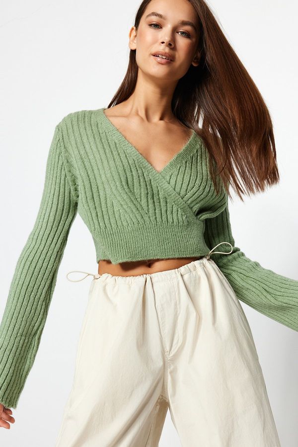 Trendyol Trendyol Mint Crop Soft Textured Double Breasted Knitwear Sweater