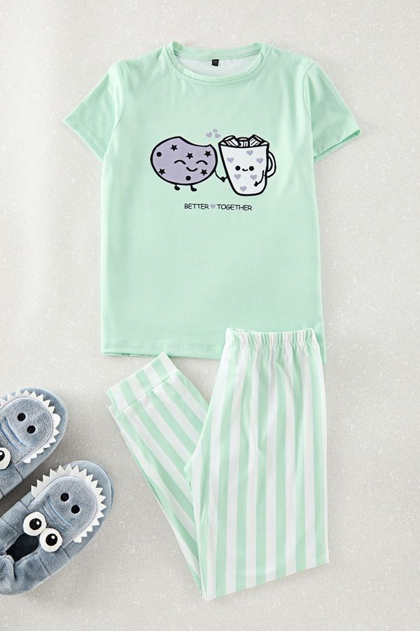 Trendyol Trendyol Mint Girls Printed Pajama Set Knitted Bottom-Top Set