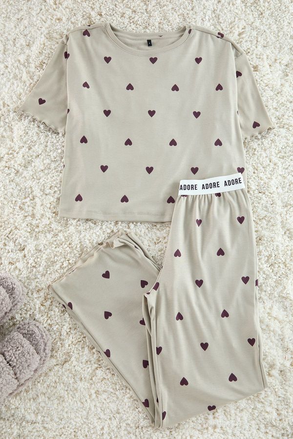 Trendyol Trendyol Mint Heart Patterned Slogan Elastic Detailed Ribbed Knitted Pajama Set