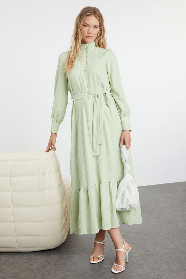 Trendyol Trendyol Mint Linen Look Woven Hijab Dress with Ruffled Belted Skirt