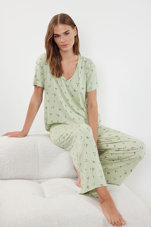 Trendyol Trendyol Mint-Multicolor Floral Viscose Single Jersey Knitted Pajama Set