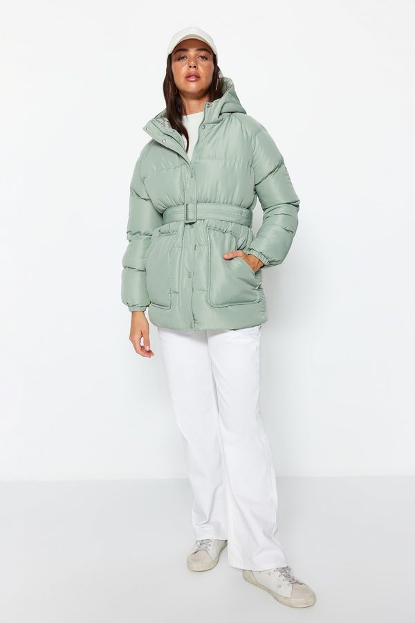 Trendyol Trendyol Mint Oversize Arched Hooded Water Repellent Puffer Coat