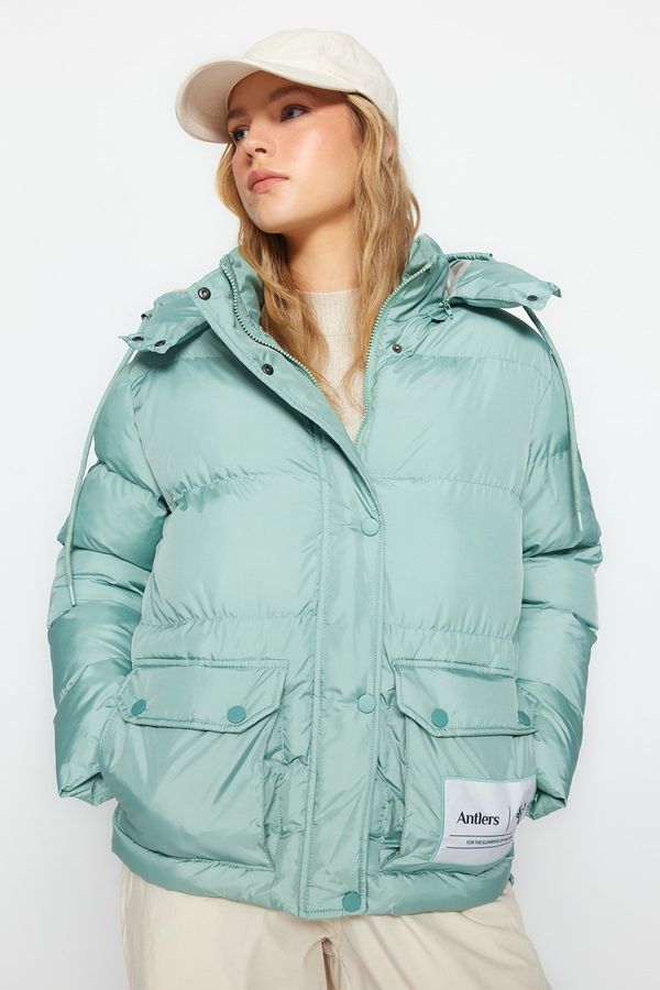 Trendyol Trendyol Mint Oversize Hoodie, Tag Detail, Water-Repellent Inflatable Coat