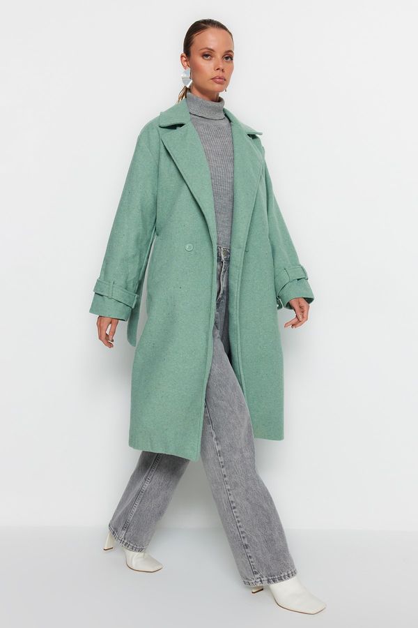 Trendyol Trendyol Mint Oversize Wide-Cut Belted Long Wool Cachet Coat