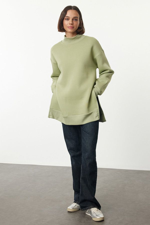 Trendyol Trendyol Mint Oversize / Wide Fit Zippered Stand Collar Thick Inside Fleece Knitted Sweatshirt