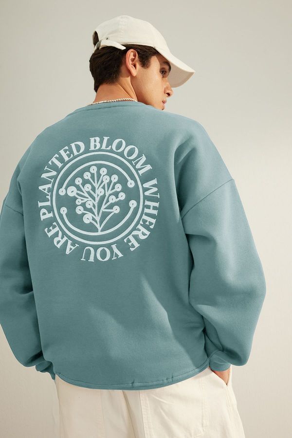 Trendyol Trendyol Mint Oversize/Wide Cut Floral Embroidered Fleece Lined Cotton Sweatshirt