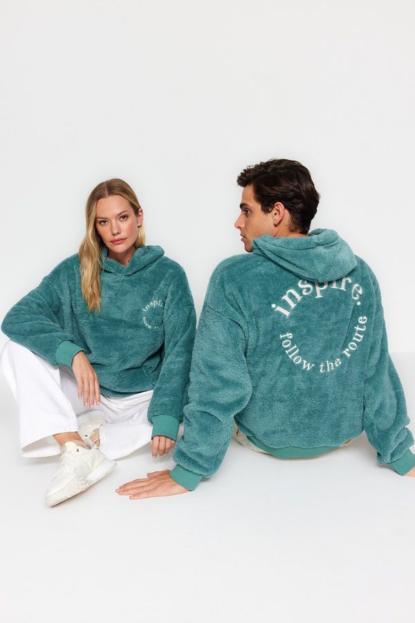 Trendyol Trendyol Mint Oversize/Wide Cut Hooded Long Sleeve Text Embroidery Plush Sweatshirt