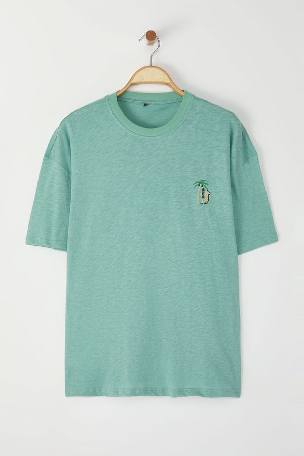 Trendyol Trendyol Mint Oversize/Wide Cut Palm Embroidered 100% Cotton T-Shirt