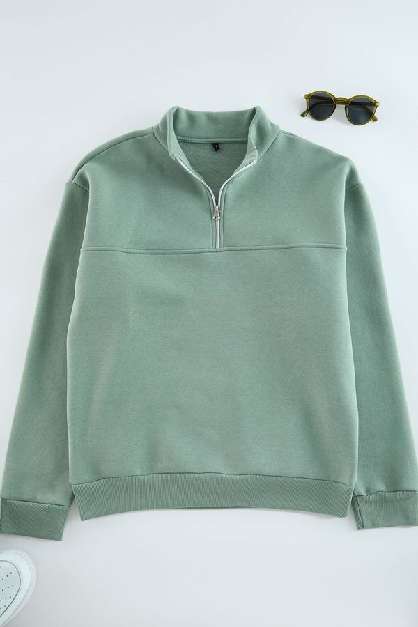 Trendyol Trendyol Mint Oversize/Wide Cut Stand Collar Zippered Basic Sweatshirt