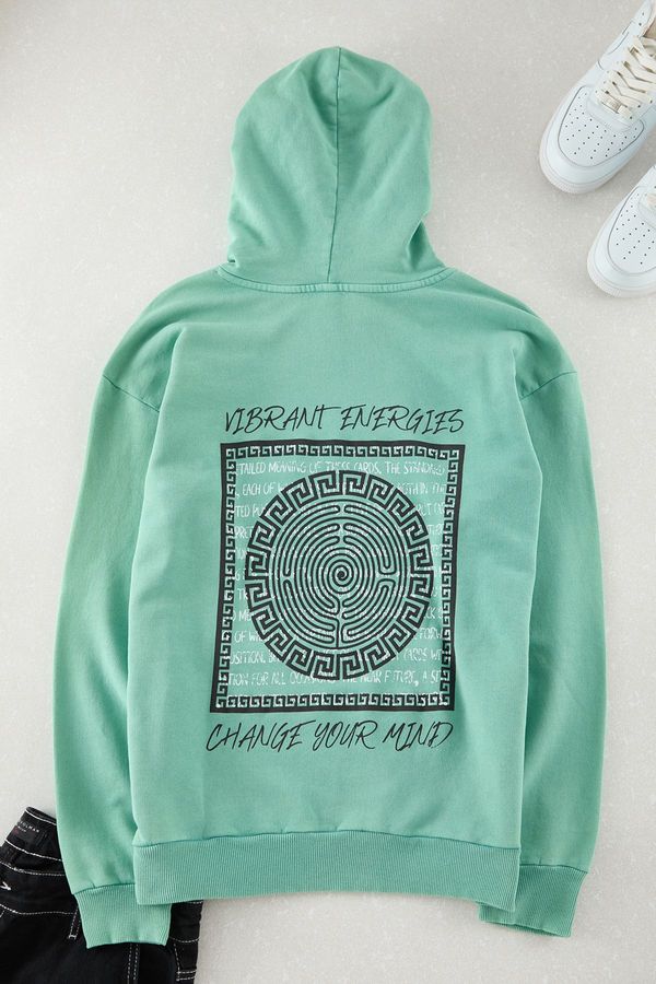 Trendyol Trendyol Mint Oversize/Wide Fit Text Back Printed Hooded Vintage/Faded Effect Sweatshirt