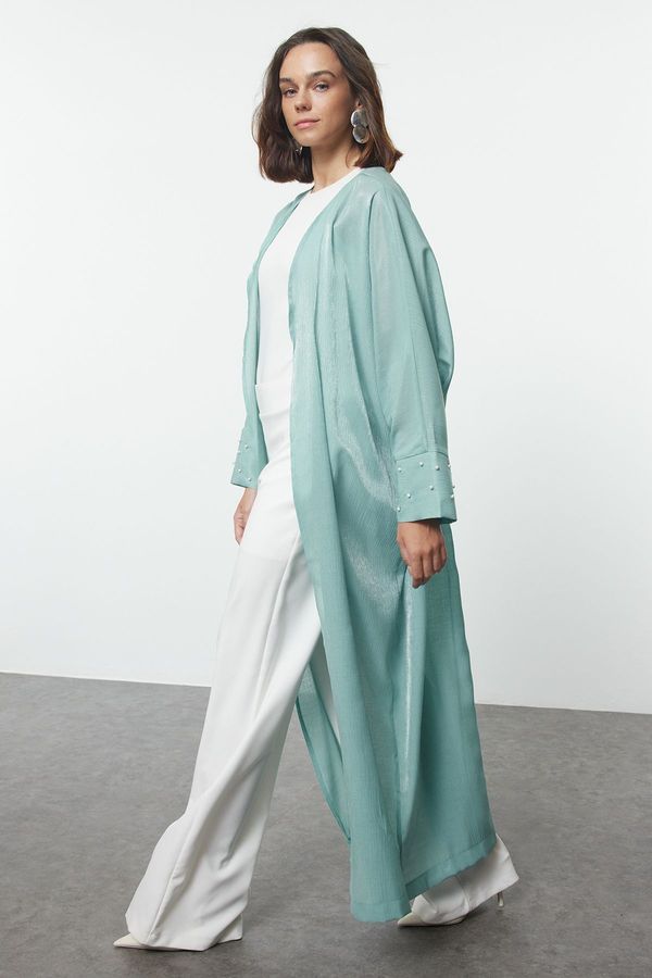 Trendyol Trendyol Mint Pearl Detailed Woven Shiny Fabric Cap & Abaya & Abaya