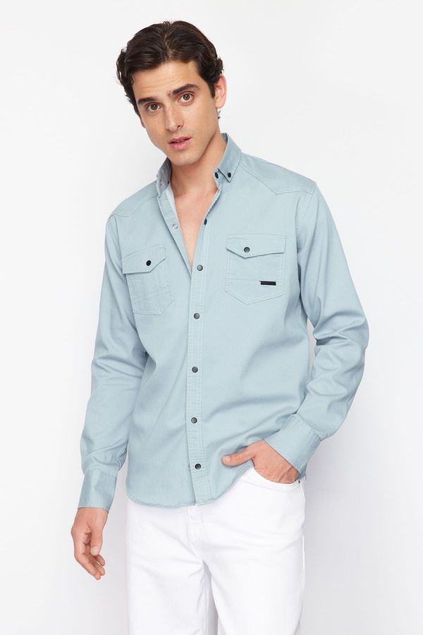 Trendyol Trendyol Mint Regular Fit Denim Shirt with Snap Fasteners