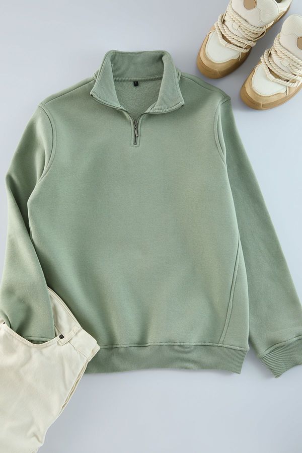 Trendyol Trendyol Mint Regular/Normal Cut Stand Collar Zippered Cotton Basic Sweatshirt