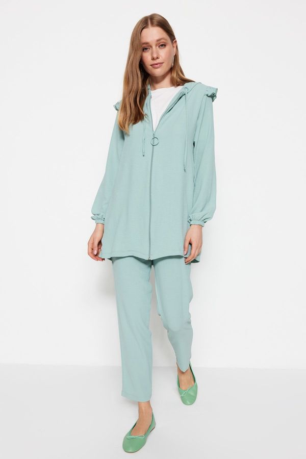 Trendyol Trendyol Mint Ruffled Hooded Woven Aerobin Tunic-Pants Set