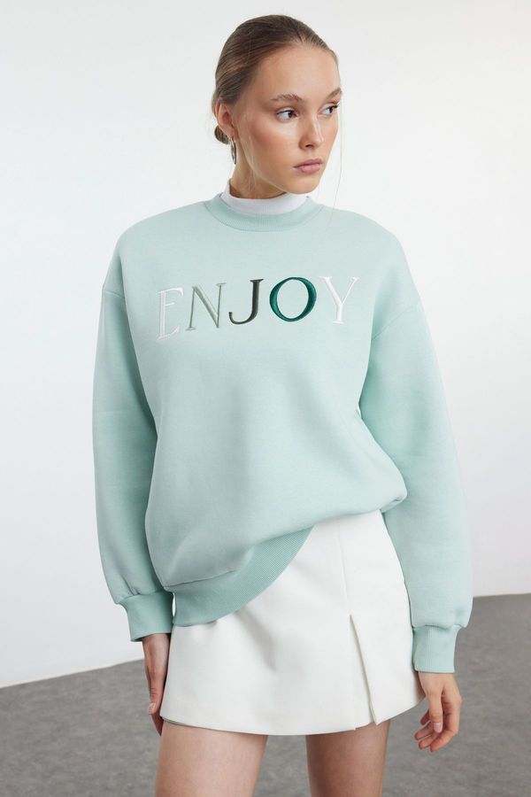 Trendyol Trendyol Mint Slogan Embroidery Detailed Regular/Normal Pattern Crew Neck Knitted Sweatshirt