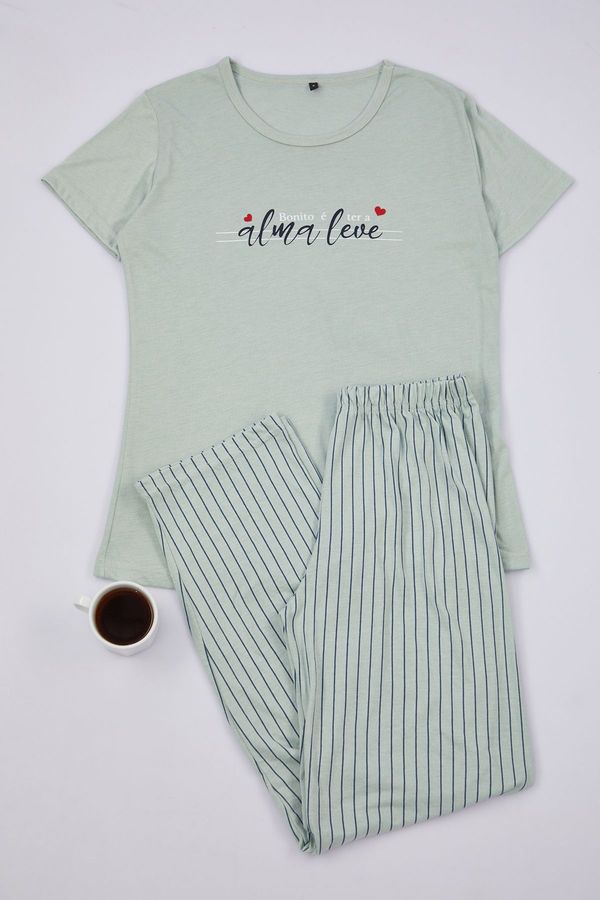 Trendyol Trendyol Mint Slogan Printed Striped Knitted Pajama Set