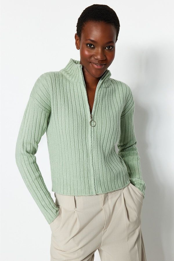 Trendyol Trendyol Mint Soft Textured Zippered Knitwear Cardigan