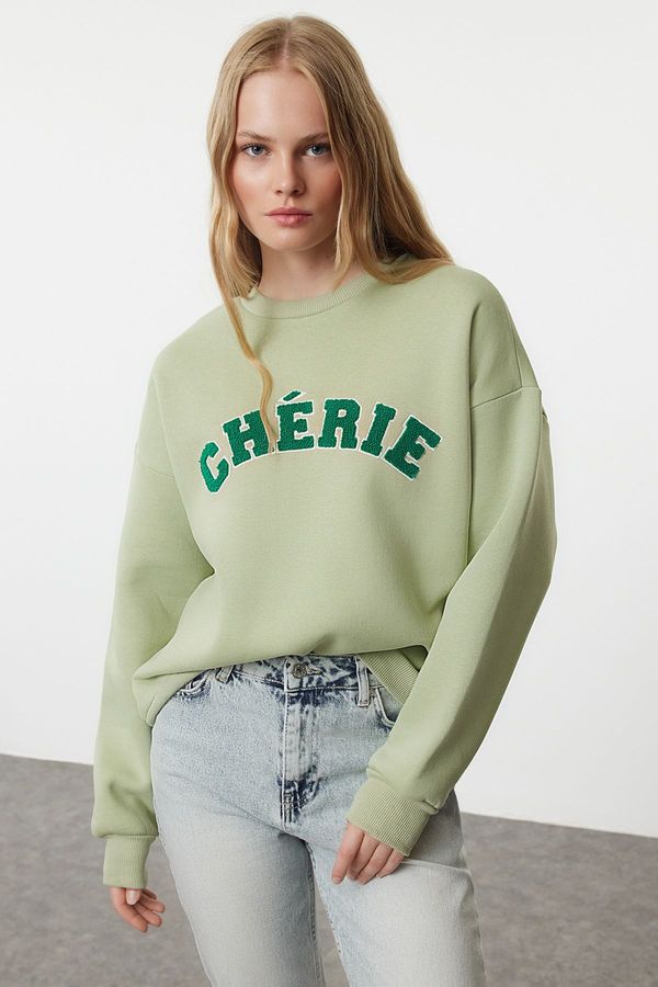 Trendyol Trendyol Mint Thick Fleece Inside Oversize/Relaxed Cut Slogan Embroidered Knitted Sweatshirt