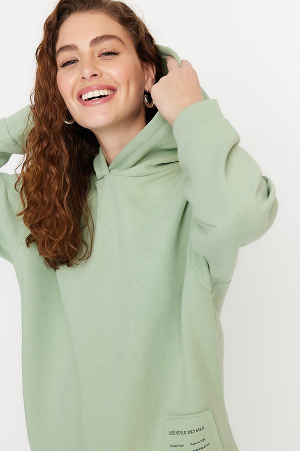 Trendyol Trendyol Mint Thick Fleece Printed Relaxed/Comfortable Fit Hooded Knitted Sweatshirt