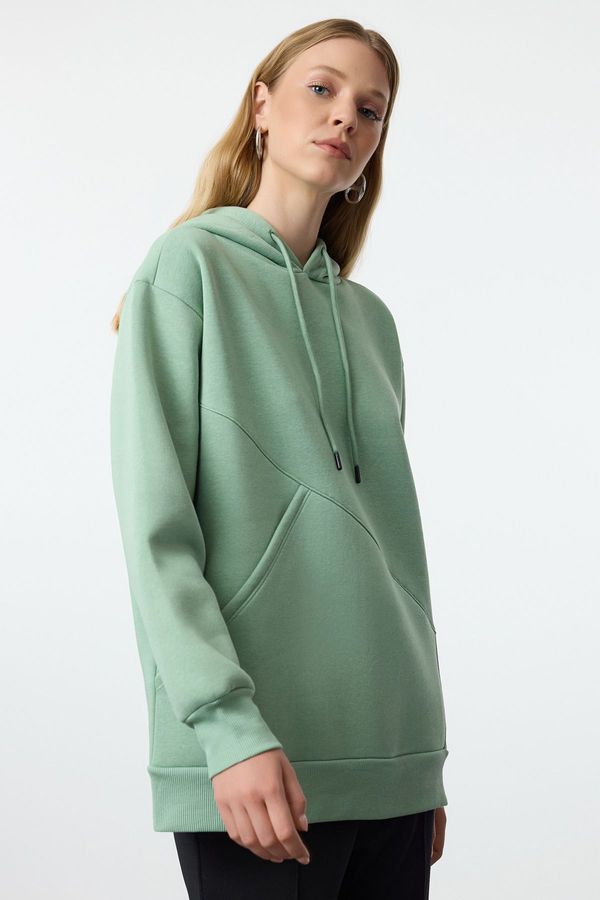 Trendyol Trendyol Mint Thick Polar Fleece Oversize/Wide Pattern Pocket Detailed Hooded Knitted Sweatshirt