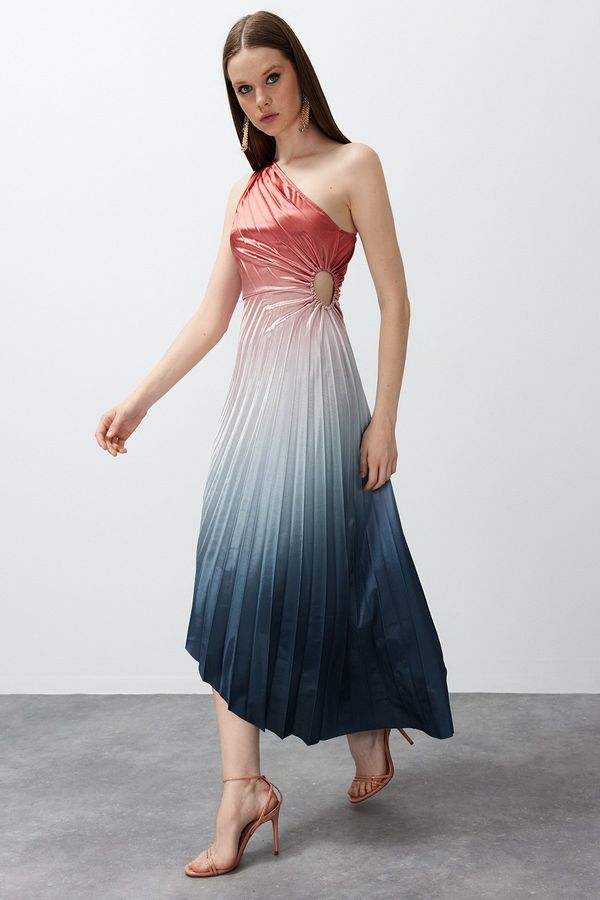 Trendyol Trendyol Multi Color Asymmetric Knitted Pleat Detailed Satin Elegant Evening Dress