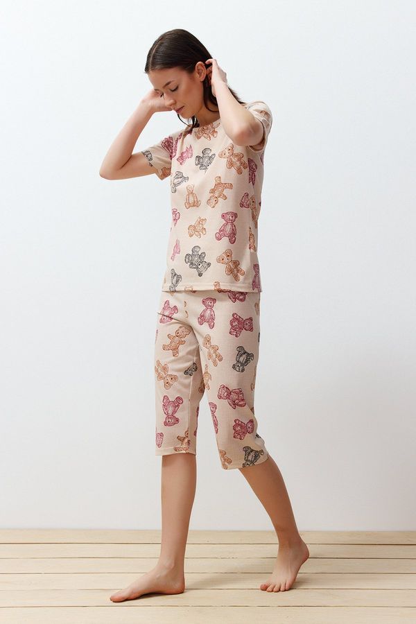 Trendyol Trendyol Multi Color Cotton Teddy Bear Pattern Capri Knitted Pajamas Set