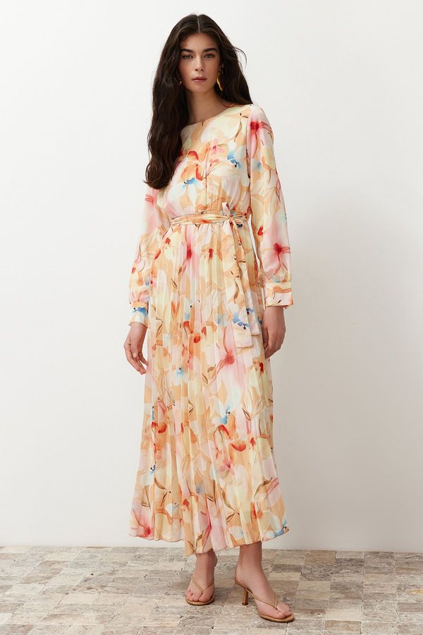 Trendyol Trendyol Multi Color Floral Sash Detailed Lined Pleated Chiffon Woven Dress