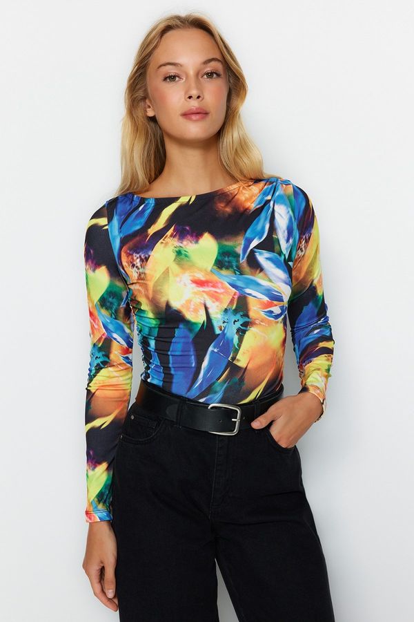 Trendyol Trendyol Multi Color Gathered Printed Flexible Snaps Knitted Bodysuit