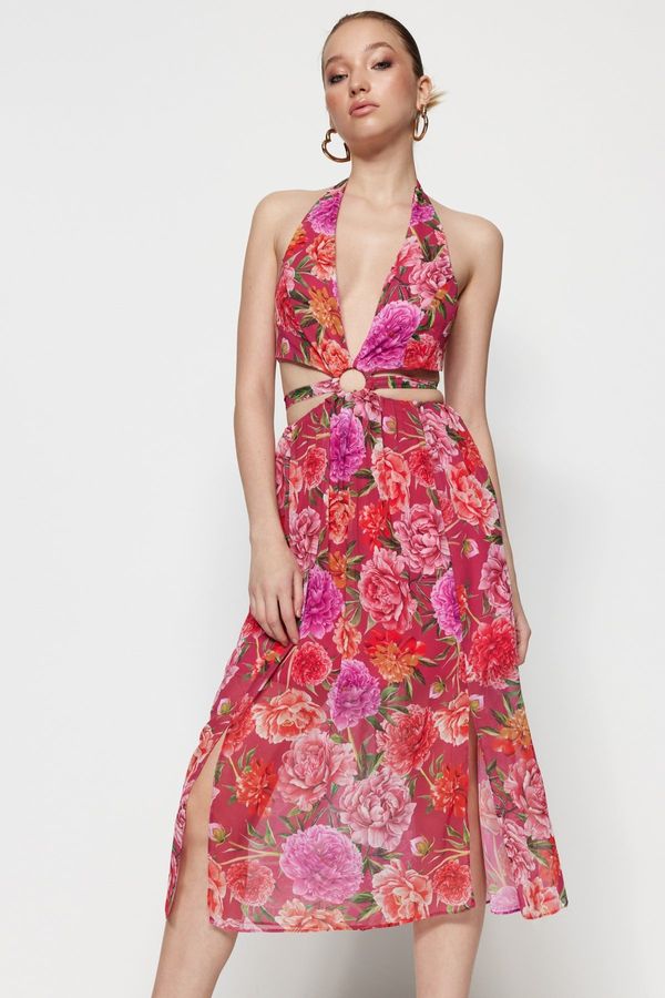 Trendyol Trendyol Multi Color Lined Window/Cut Out Detailed Chiffon Floral Patterned Elegant Evening Dress