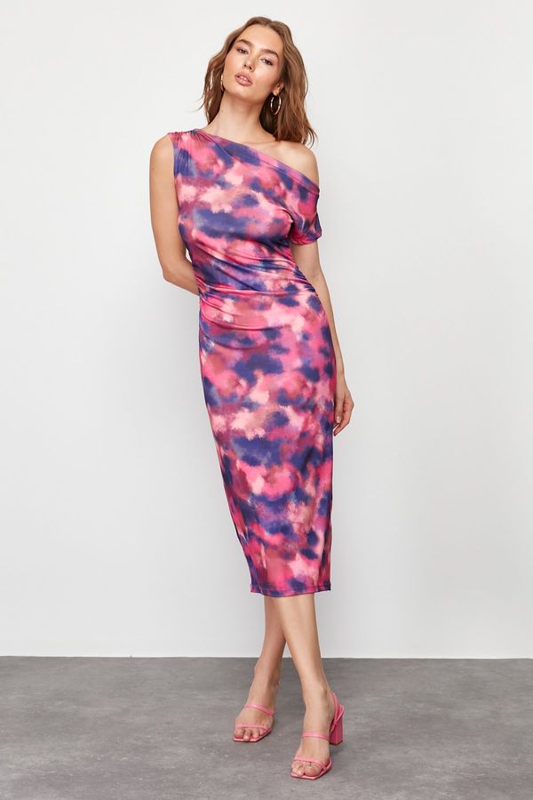Trendyol Trendyol Multi Color Printed Fitted Formal Boat Neck Crew Neck Elastic Knitted Midi Dress