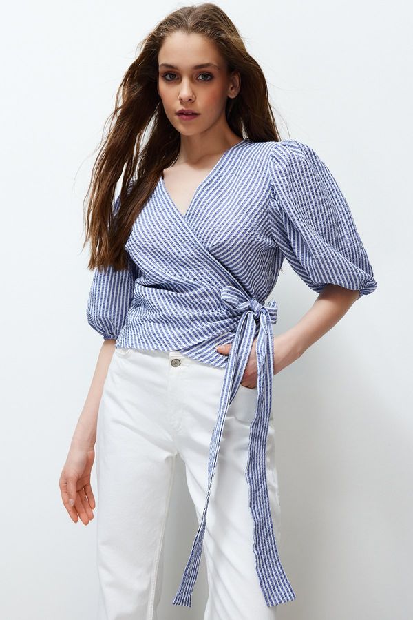 Trendyol Trendyol Multi Color Striped Double Breasted Tie Detail See-through Woven Blouse